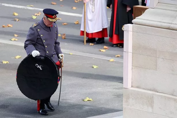 Britain's King Charles III lays a wreath during the Remembrance Sunday ceremony at the Cenotaph on Whitehall in central London on November 9, 2025. Remembrance Sunday is an annual commemoration held on the closest Sunday to Armistice Day, November 11, the anniversary of the end of the First World War and services across Commonwealth countries remember servicemen and women who have fallen in the line of duty since WWI. (Photo by Chris Jackson / POOL / AFP) (Photo by CHRIS JACKSON/POOL/AFP via Getty Images)          