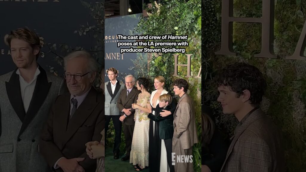 Joe Alwyn, Steven Spielberg, Chloé Zhao, Jessie Buckley, Jacobi Jupe, and Noah Jupe celebrate Hamnet