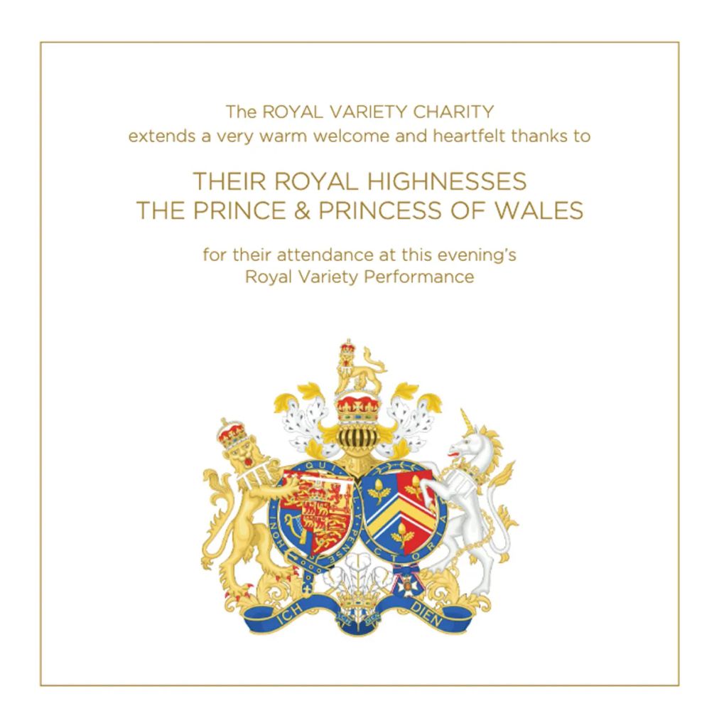 The Prince and Princess of Wales brochure for Royal Variety Charity event November 19, 2025