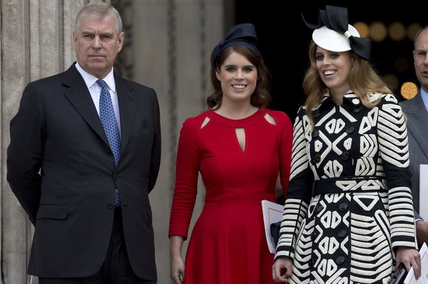 (FILES) Britain's Prince Andrew (L), Britain's Princess Eugenie of York (2nd L), Britain's Princess Beatrice of York (R) leave after attending a national service of thanksgiving for the 90th birthday of Britain's Queen Elizabeth II at St Paul's Cathedral in London on June 10, 2016, which is also the Duke of Edinburgh's 95th birthday. 