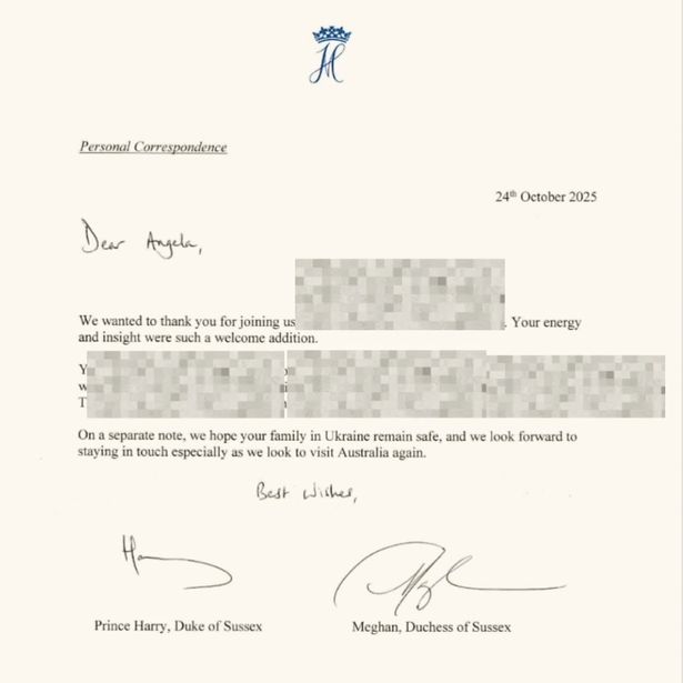 A letter from the Sussexes that Angela Pearl shared on Instagram