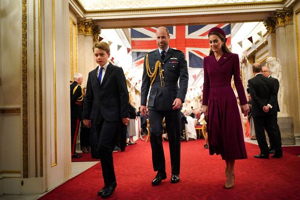 Britain's Prince George of Wales, Britain's Prince William, Prince of Wales and Britain's Catherine, Princess of Wales arrive for a tea party organised for Second World War 