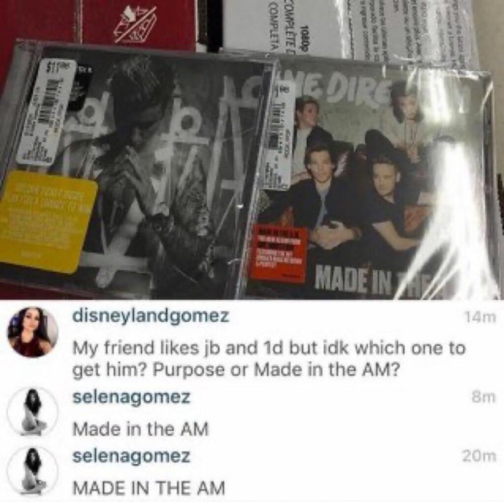 In honor of 10 years of Purpose and Made in the AM being released on the same day 10 years ago, Selena Gomez told her fan to get Made in the AM