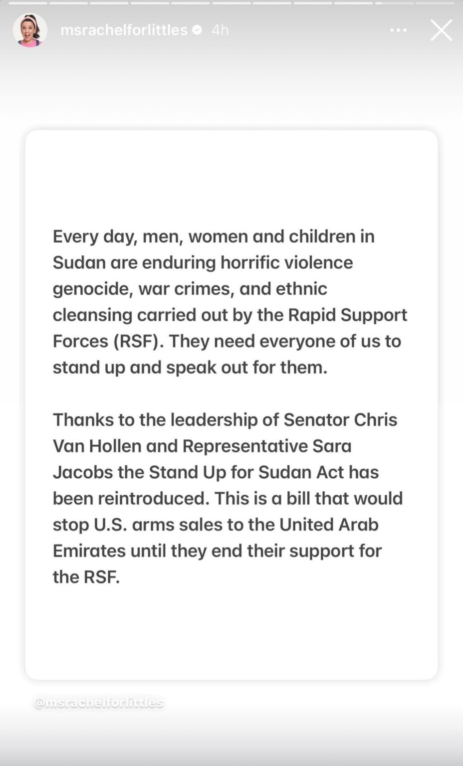 Ms Rachel thanks Chris Van Hollen and Sara Jacobs for stopping US Arm Sales to UAE, which used to fuel genocide in Sudan