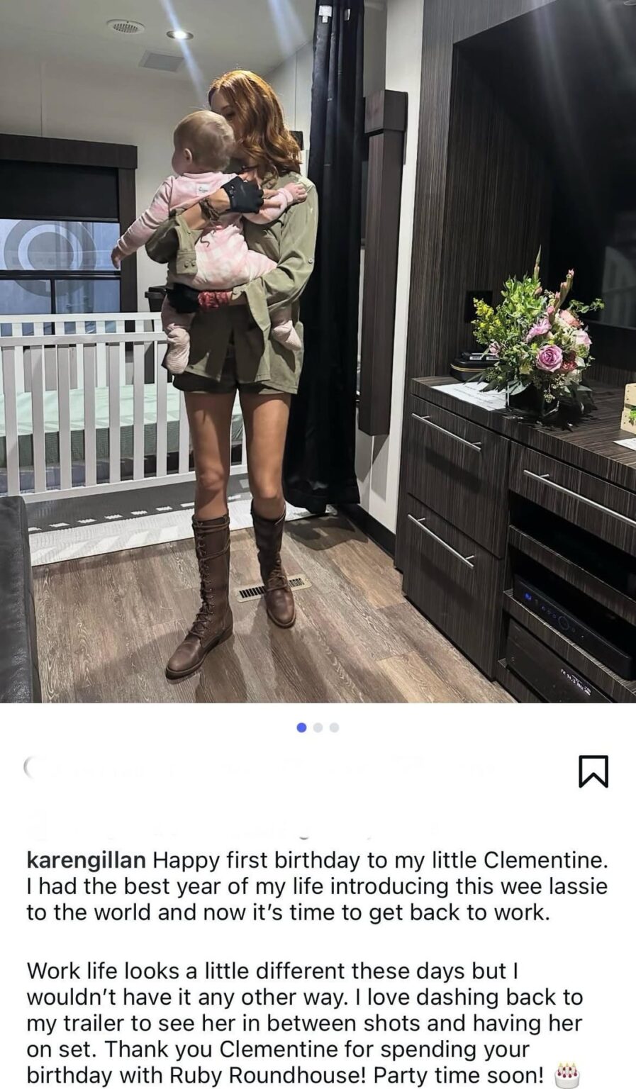 Karen Gillian celebrates the first birthday of her daughter Clementine on the set of ‘Jumanji 3’: ‘Thank you Clementine for spending your birthday with Ruby Roundhouse! Party time soon! 🎂’