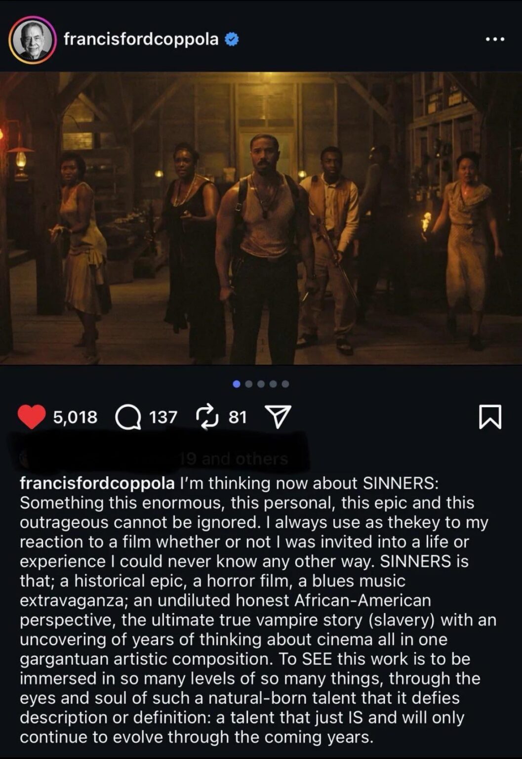 Francis Fore Coppola praised ‘Sinners’ calling it “the ultimate vampire story!”