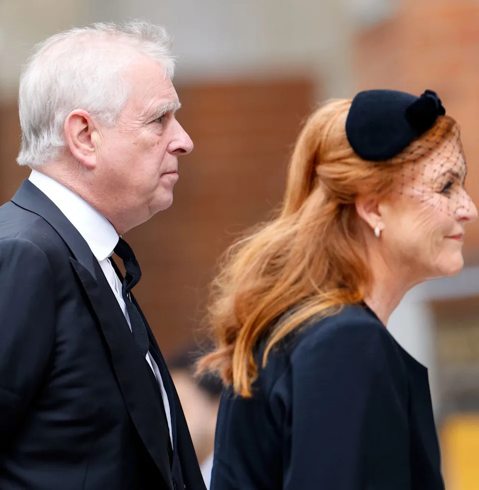 Prince Andrew walking behind Sarah Ferguson at the Duchess of Kent's funeral. 