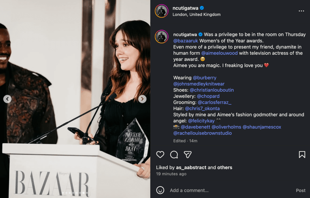 Ncuti Gatwa's Instagram post dedicated to Aimee Lou Wood winning at Harper's Bazaar's Women of the Year Awards