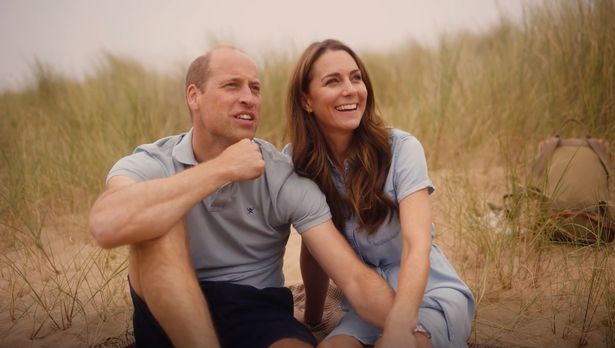 Kate Middleton and Prince William in Princess of Wales cancer update video Kate wearing a denim midi dress