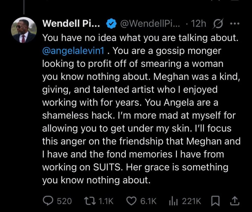 Wendell Pierce, who played Meghan’s dad on Suits, calls Angela Levin a ‘shameless hack’ on X after Levin claims that Meghan’s former costars found her ‘difficult’; says Meghan is ‘kind and giving’