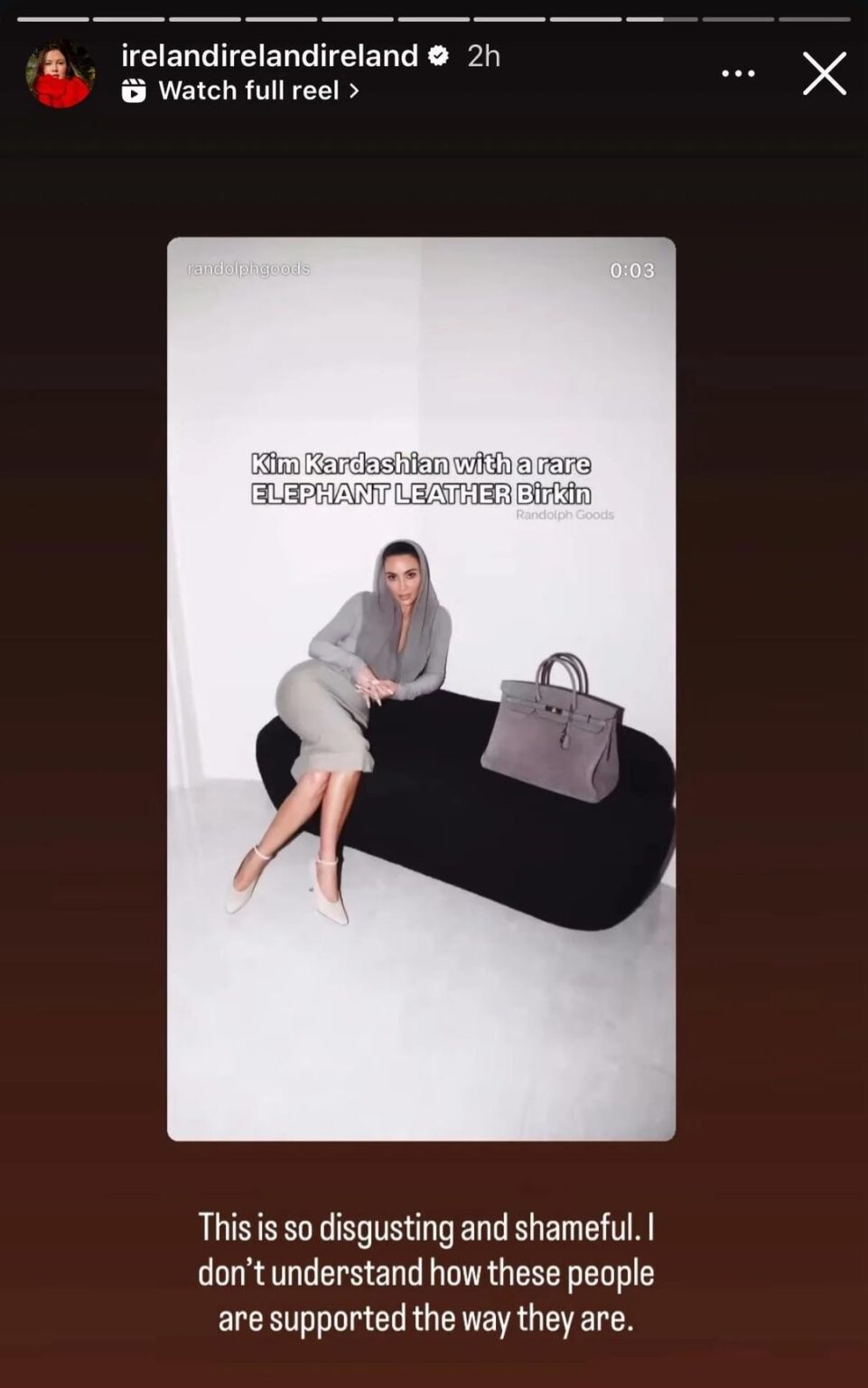 Kim Kardashian and her ELEPHANT LEATHER Birkin, called out by Ireland Baldwin (daughter of Alec)
