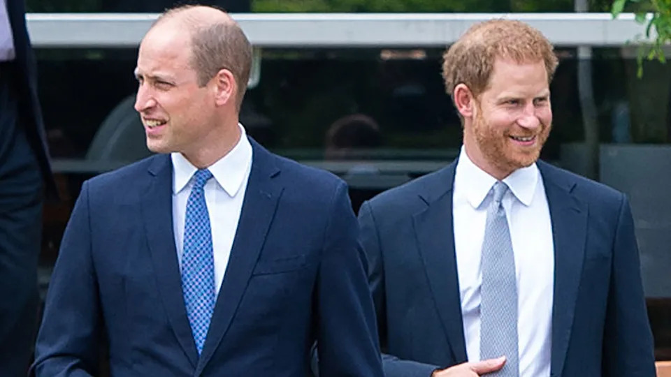 Prince William and Prince Harry arrive for the unveiling of a statue of their mother, Princess Diana