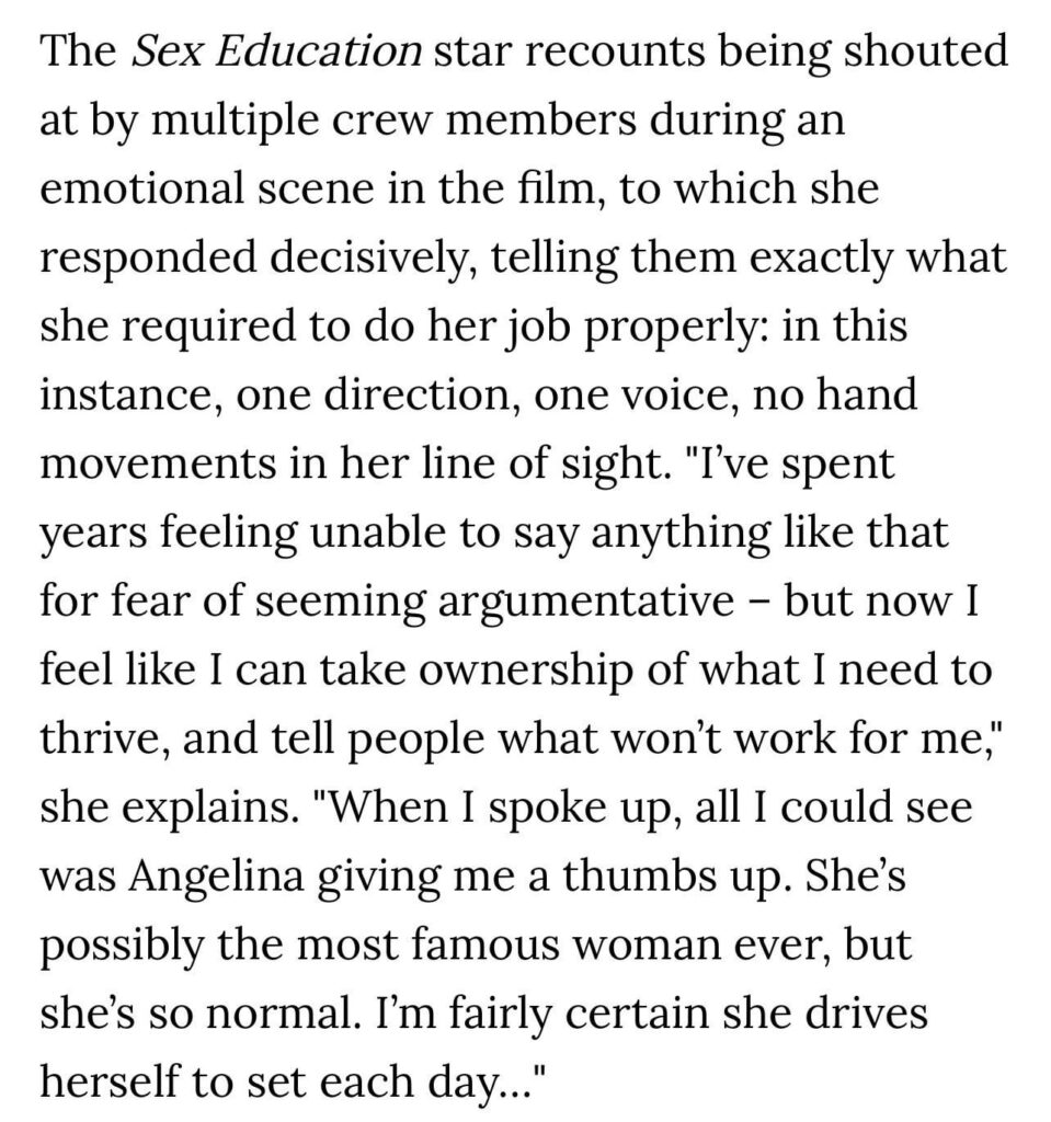 Angelina Jolie gave Aimee Lou Wood the thumbs up for speaking up for herself on set. Aimee says she spent years feeling unable to say anything like that for fear of seeming argumentative.