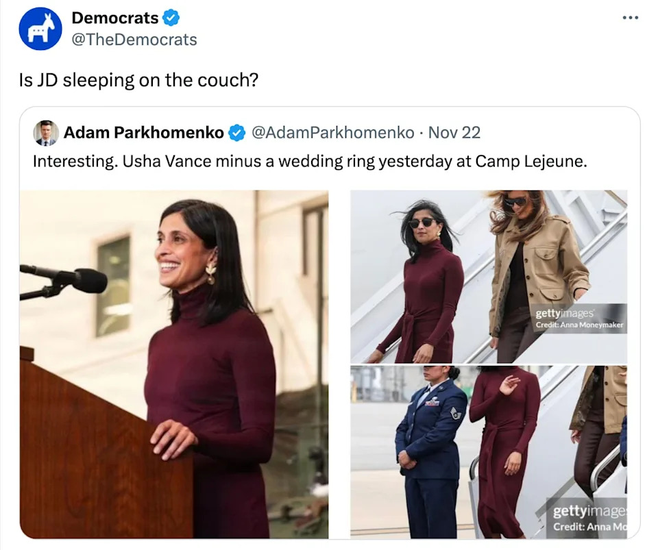 The online rumor mill was quick to revive an old joke about JD Vance. / X