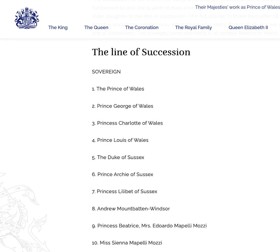 Royal.uk The royal family's line of succession on their website
