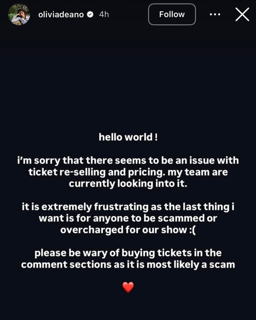 Olivia Dean calls out Live Nation & Ticketmaster over inflated resale prices for her tour: “the prices at which you’re allowing tickets to be re-sold is vile and completely against our wishes. live music should be affordable and accessible and we need to find a new way of making that possible.” Olivia Dean calls out Live Nation & Ticketmaster over inflated resale prices for her tour: "the prices at which you’re allowing tickets to be re-sold is vile and completely against our wishes. live music should be affordable and accessible and we need to find a new way of making that possible.”
