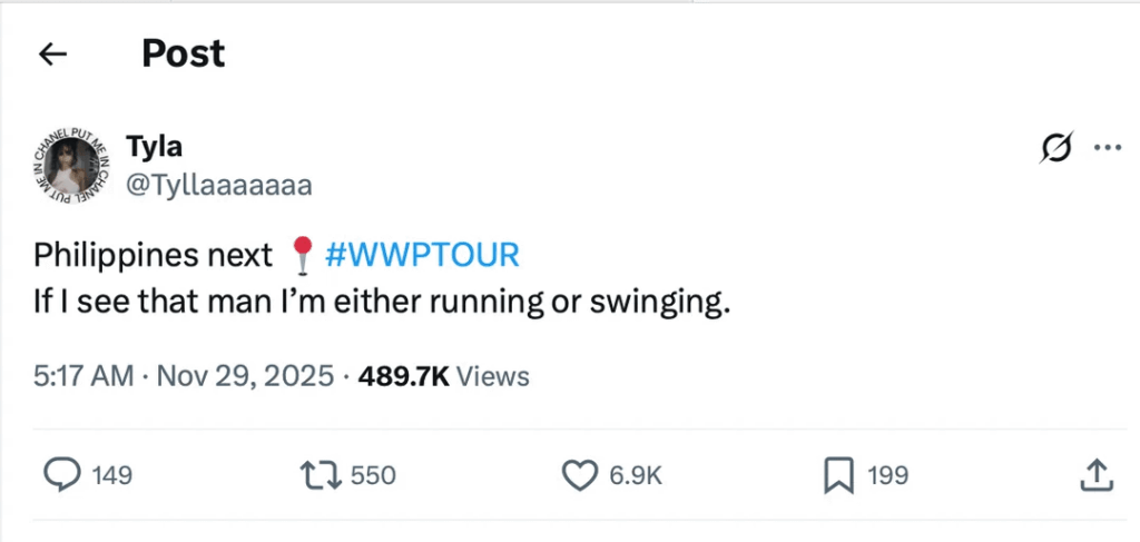 TYLA on possibly encountering the individual charged with grabbing Ariana Grande at the ‘Wicked: For Good’ premiere at her show in the Philippines or Singapore: “If I see that man, I’m either running or swinging.”