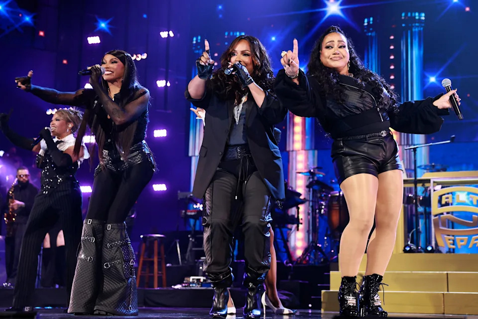 Sandra Denton (aka Pepa, from left), Deidra Roper (DJ Spinderella) and Cheryl James (Salt) perform during the Rock & Roll Hall of Fame induction ceremony at Peacock Theater on Nov. 8, 2025, in Los Angeles.