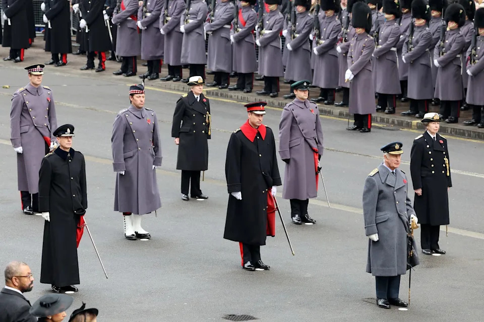 london, england november 12: prince william, prince of wales, king charles iii and princess anne, princess royal during the national service of remembrance at the cenotaph on november 12, 2023 in london, england. every year, members of the british royal family join politicians, veterans and members of the public to remember those who have died in combat. (photo by chris jackson/getty images)
