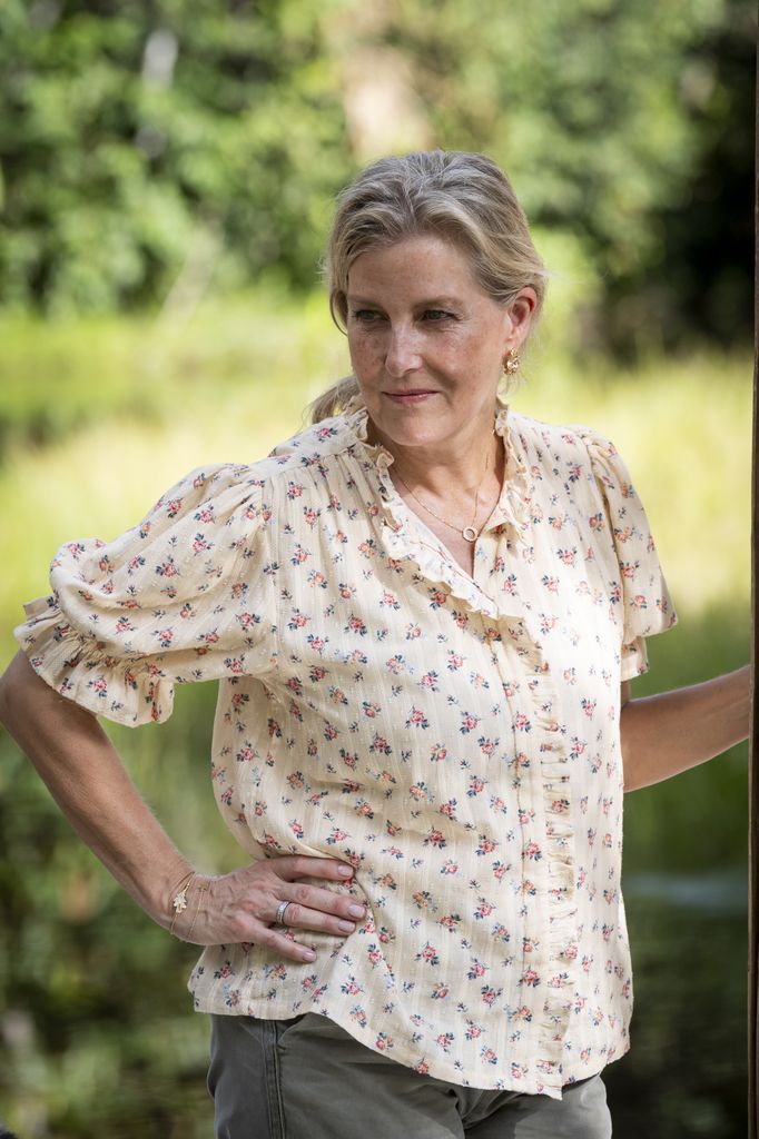 The Duchess of Edinburgh outside in floral blouse