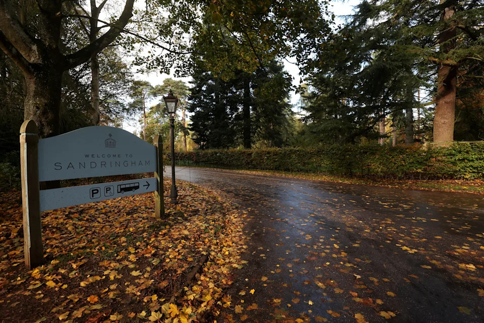 Signage is pictured near the entrance to the Sandringham Estate, where Prince Andrew will move following King Charles III's decision to strip him of his title of prince and evict him from his Windsor residence.