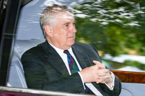 CRATHIE, ABERDEENSHIRE - AUGUST 11: Prince Andrew, Duke of York is driven from Crathie Kirk Church following the service on Augu CRATHIE, ABERDEENSHIRE - AUGUST 11: Prince Andrew, Duke of York is driven from Crathie Kirk Church following the service on Augu