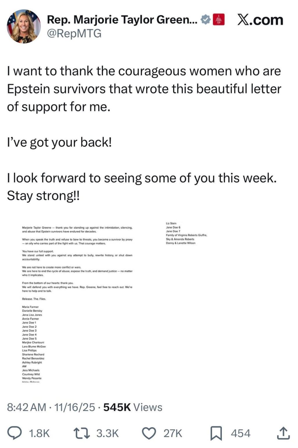 Marjorie Taylor Greene shares a letter she received from Epstein survivors thanking her for trying to get the Epstein files released