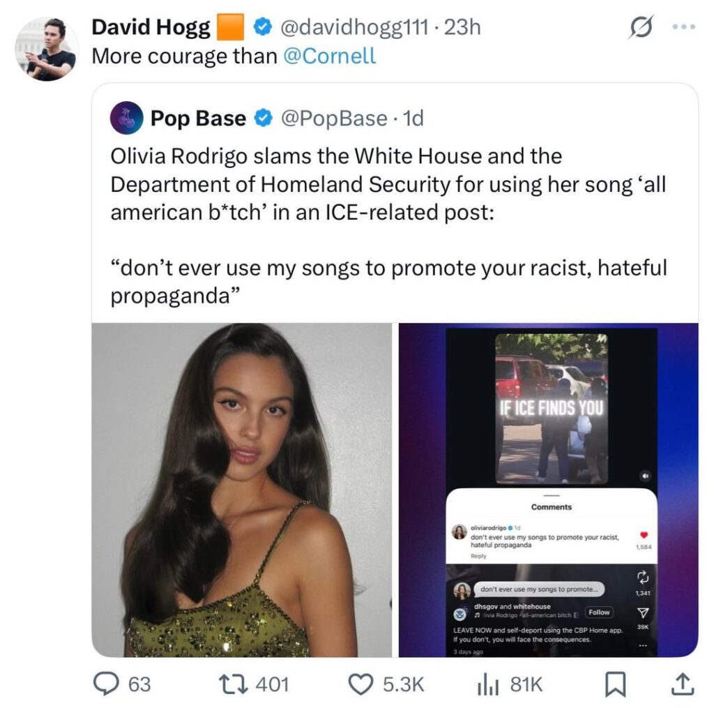 David Hogg says Olivia Rodrigo has more courage than Cornell. Cornell has become the latest University to submit to Trump’s extortion over student protests