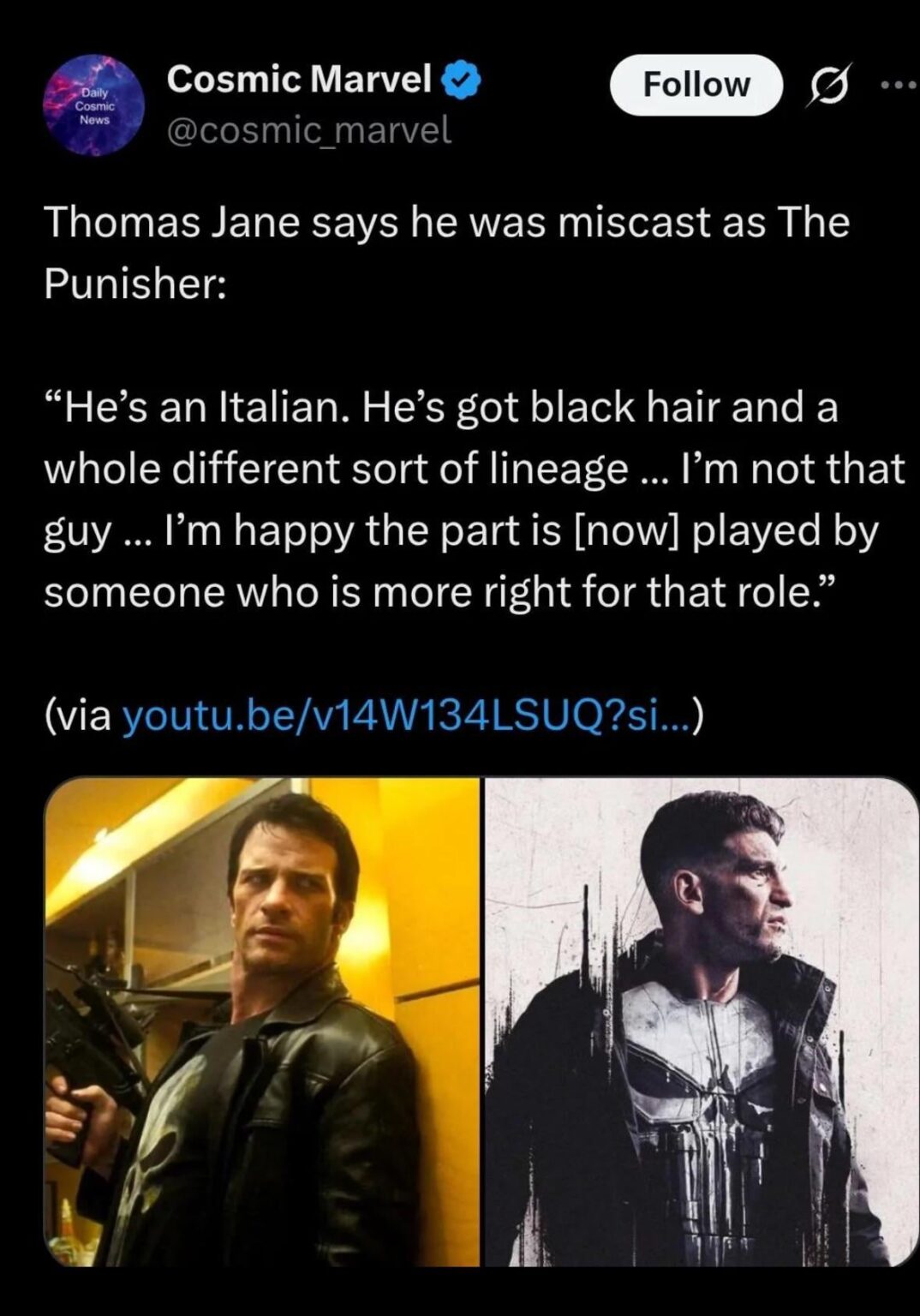 Thomas Jane says that he was miscast as the Punisher in the 2004 film, and praises Jon Bernthal for being “more right for that role!”