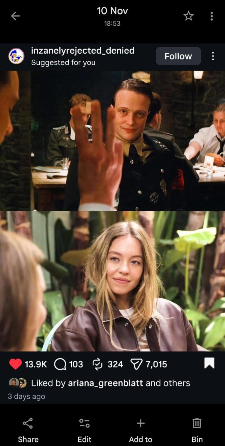 Ariana Greenblatt likes Instagram post comparing Sydney Sweeney's interview to Inglorious Bastards.