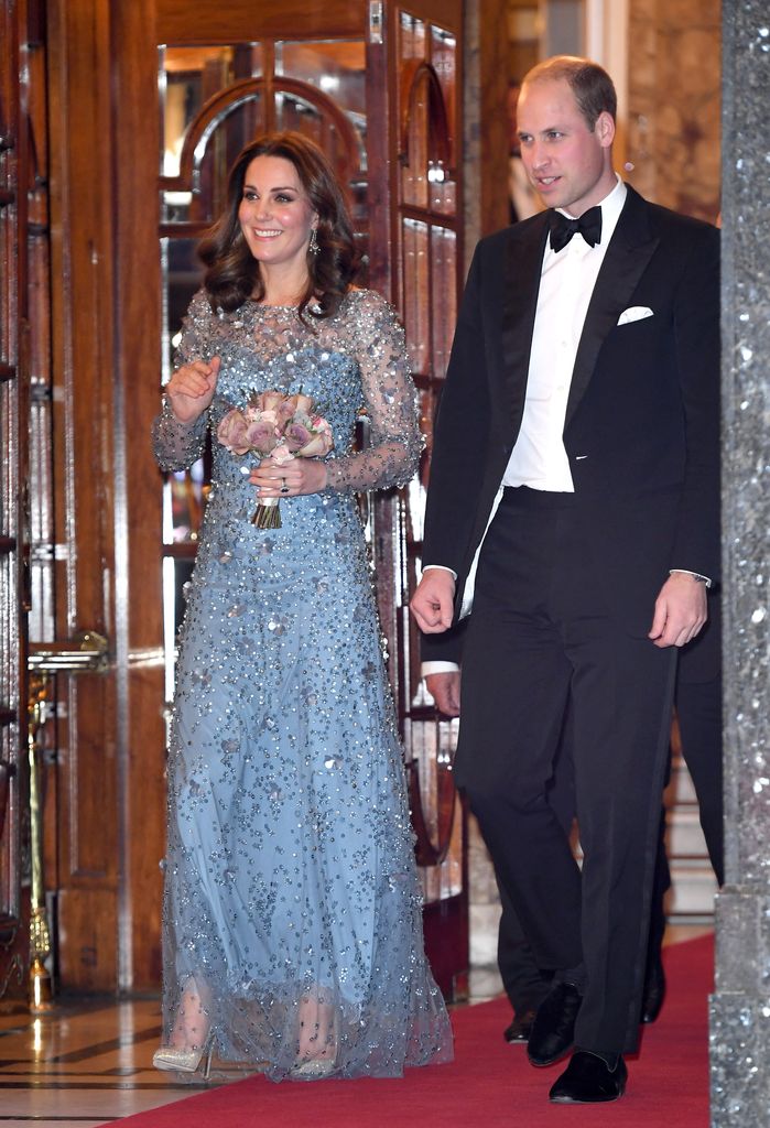 Catherine in sparkly blue dress and Prince William, Duke of Cambridge attend the Royal Variety Performance 