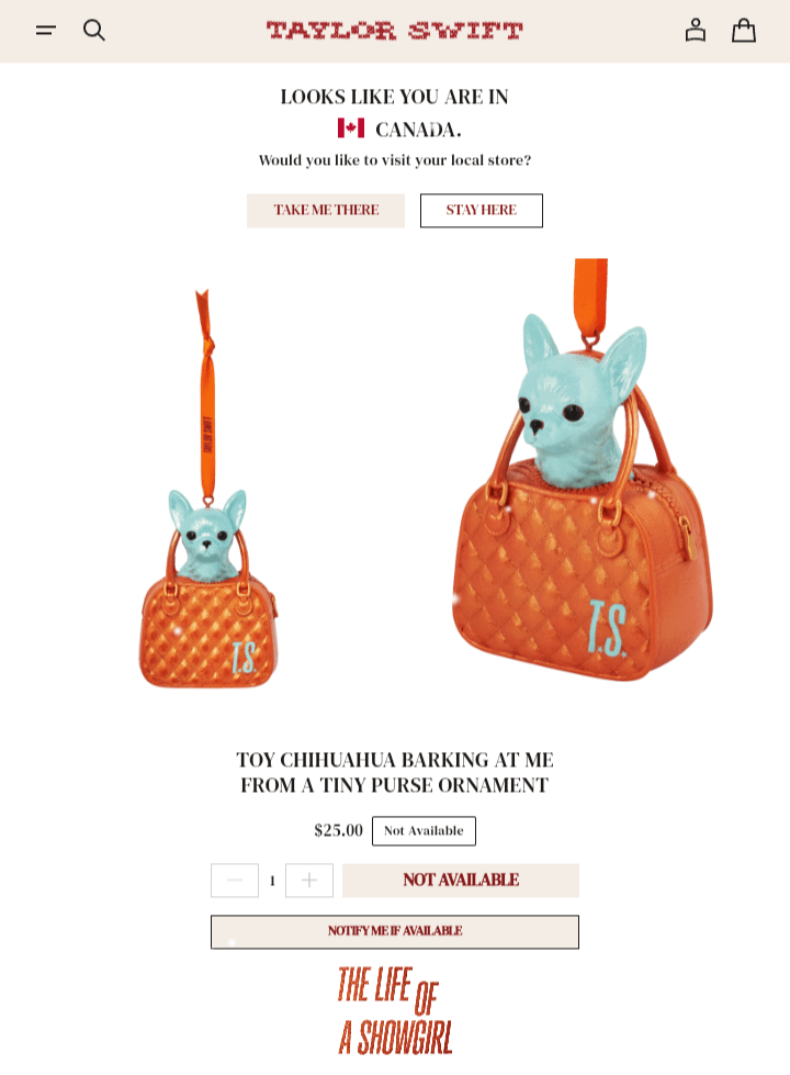 Taylors Swift is selling a Toy Chihuahua Barking At Me From A Tiny Purse Ornament on her official website.