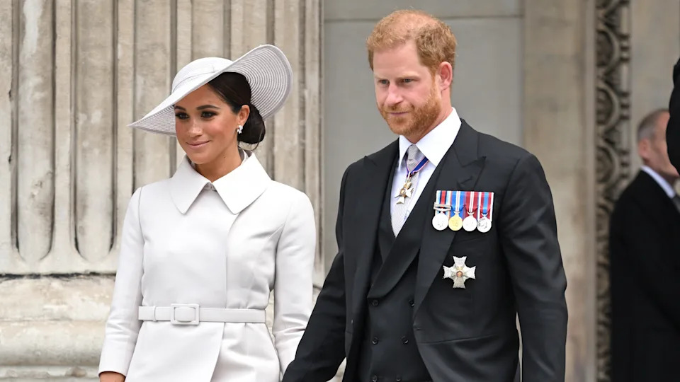 Meghan, Duchess of Sussex and Prince Harry, Duke of Sussex attend the National Service of Thanksgiving at St Paul's Cathedral on June 03, 2022