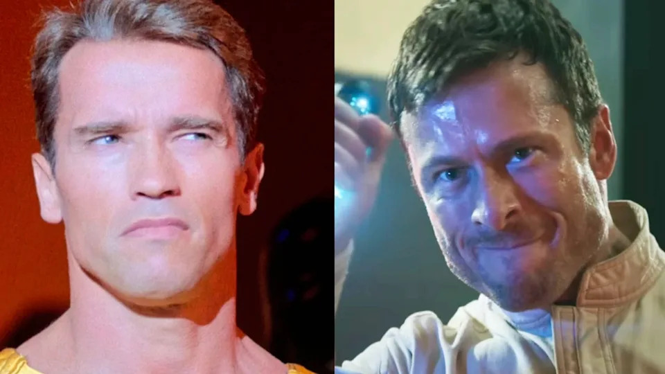  Arnold Schwarzenegger in The Running Man (1987), Glen Powell in The Running Man (2025). . 