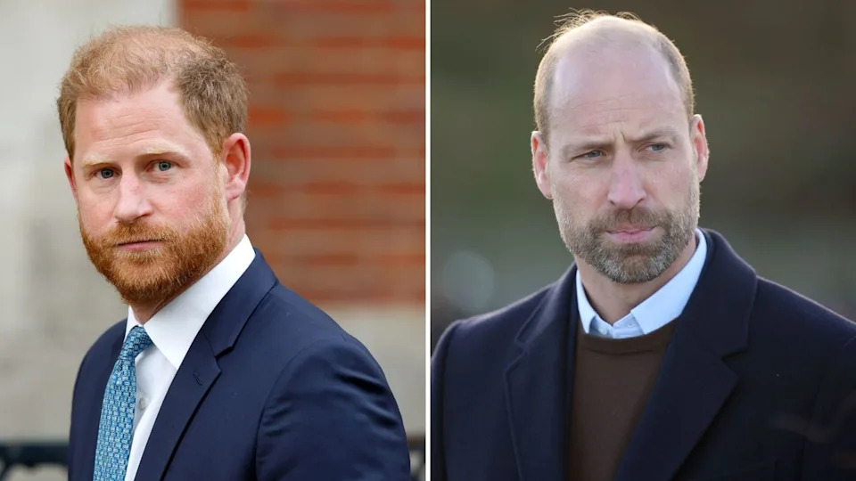  A composite of a picture of Prince Harry and a picture of Prince William, both looking quite serious. 