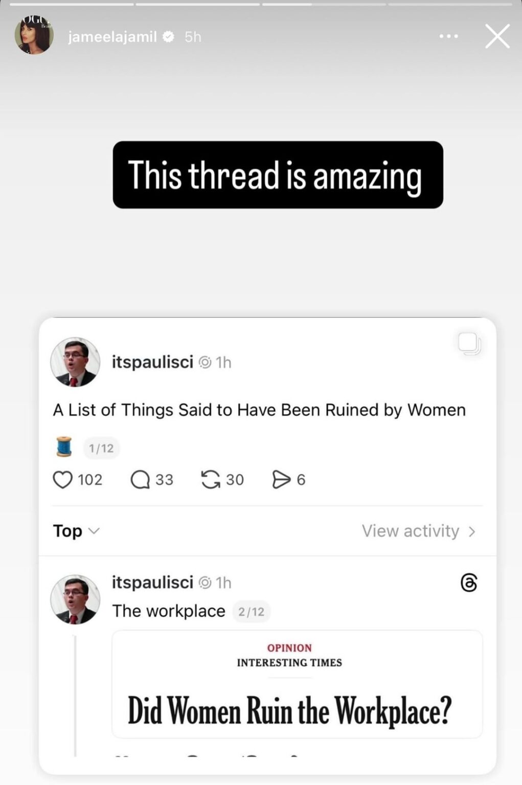 Jameela Jamil shared thread listing things said to be ruined by women