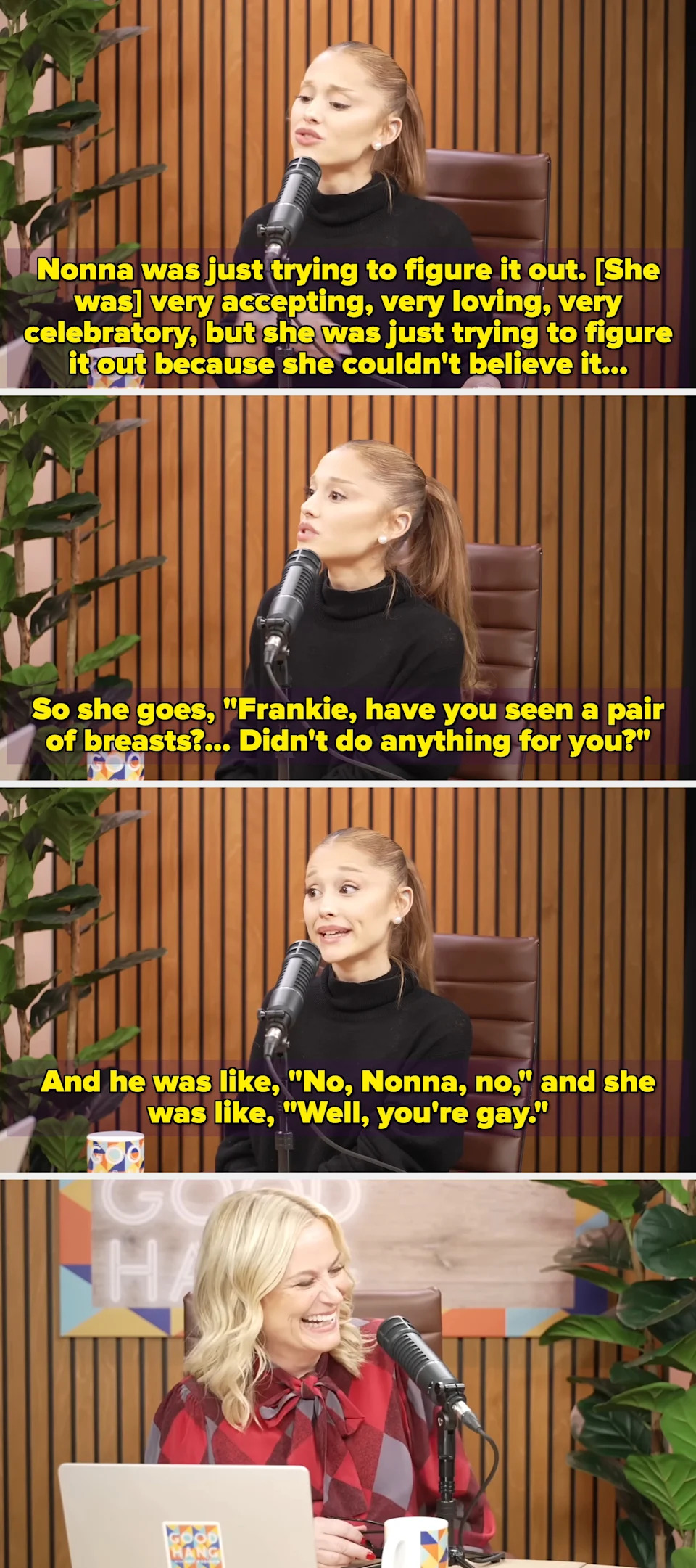 A person with a high ponytail is speaking into a microphone during a podcast interview, sitting in front of a wood-paneled wall