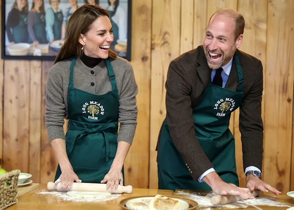 CRAIGAVON, NORTHERN IRELAND – OCTOBER 14: Catherine, Princess of Wales and Prince William, Prince of Wales make a potato and apple cake during a visit to Long Meadow Cider on October 14, 2025 in Craigavon, Northern Ireland. Long Meadow has been owned by the McKeever family for three generations and has been cultivating premium-quality apples since 1968. The Prince and Princess of Wales are visiting organisations providing creative and entrepreneurial opportunities for young people in rural areas of Northern Ireland. (Photo by Chris Jackson – Pool via Samir Hussein/WireImage)