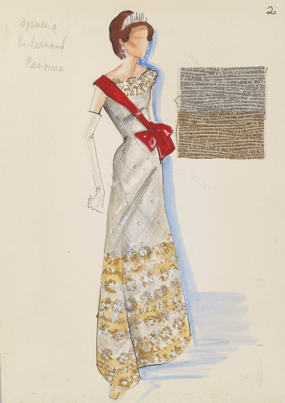 a never before displayed sketch by norman hartnell of a silver lamé dress designed for the queen's state visit to france in 1972