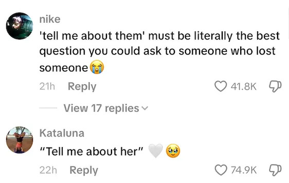 Social media post about asking someone who lost a loved one, encouraging conversation with empathetic questions