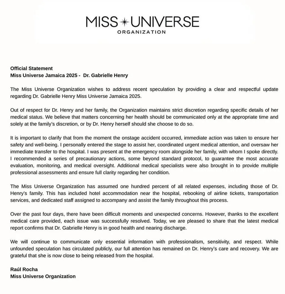 Miss Universe Jamaica/Instagram Official statement on Miss Jamaica, Gabrielle Henry