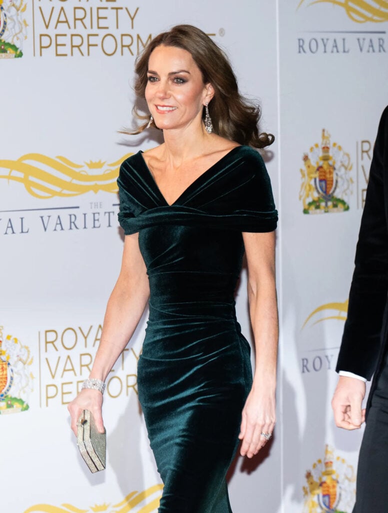 Catherine, Princess of Wales Wore Talbot Runhof To The Royal Variety Performance, Catherine Princess of Wales, Royal Variety Performance red carpet, Talbot Runhof emerald velvet gown, Prince William, Jenny Packham Casa Clutch, Greville diamond earrings, Queen Mary diamond bar choker bracelet, Manolo Blahnik Dark Green Velvet Pointed Toe Pumps