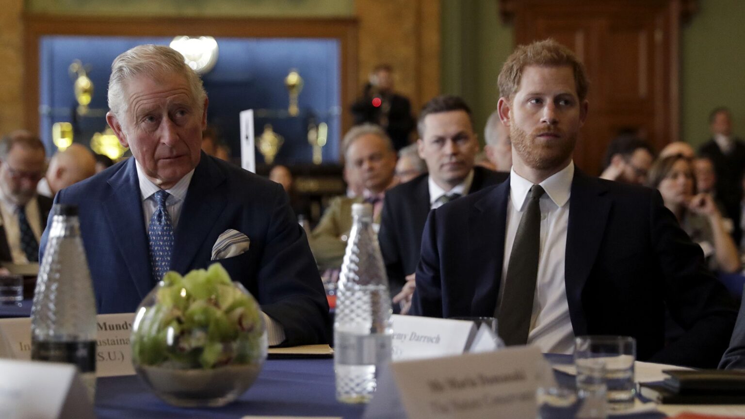 LONDON, ENGLAND - FEBRUARY 14: Prince Harry and Prince Charles, Prince of Wales attend the 'International Year of The Reef' 2018 meeting at Fishmongers Hall on February 14, 2018 in London, England. (Photo by Matt Dunham - WPA Pool/Getty Images)