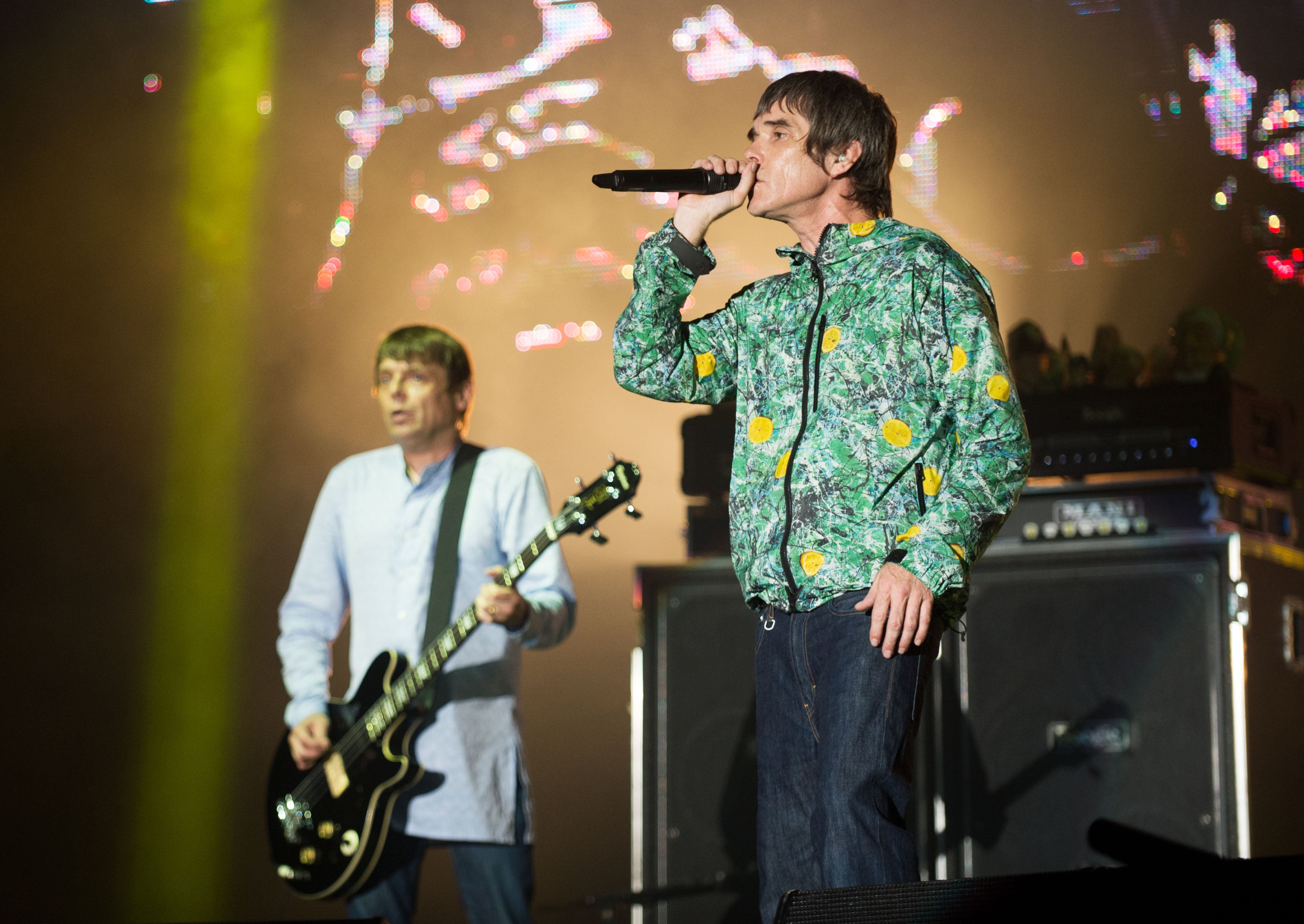 Mounfield (left) with singer Ian Brown during a Stone Roses gig