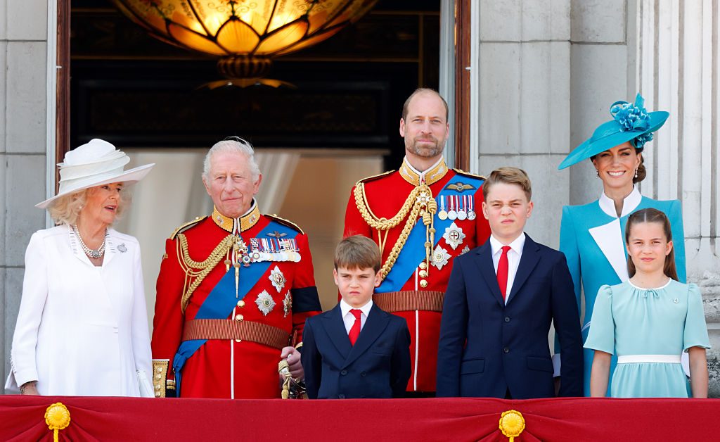 LONDON, UNITED KINGDOM - JUNE 14: (EMBARGOED FOR PUBLICATION IN UK NEWSPAPERS UNTIL 24 HOURS AFTER CREATE DATE AND TIME) Queen Camilla, King Charles III (wearing his Coldstream Guards uniform), Prince Louis of Wales, Prince William, Prince of Wales (Colonel of the Welsh Guards), Prince George of Wales, Catherine, Princess of Wales and Princess Charlotte of Wales watch an RAF flypast from the balcony of Buckingham Palace after attending Trooping The Colour 2025 on June 14, 2025 in London, England. Trooping the Colour, also known as The King