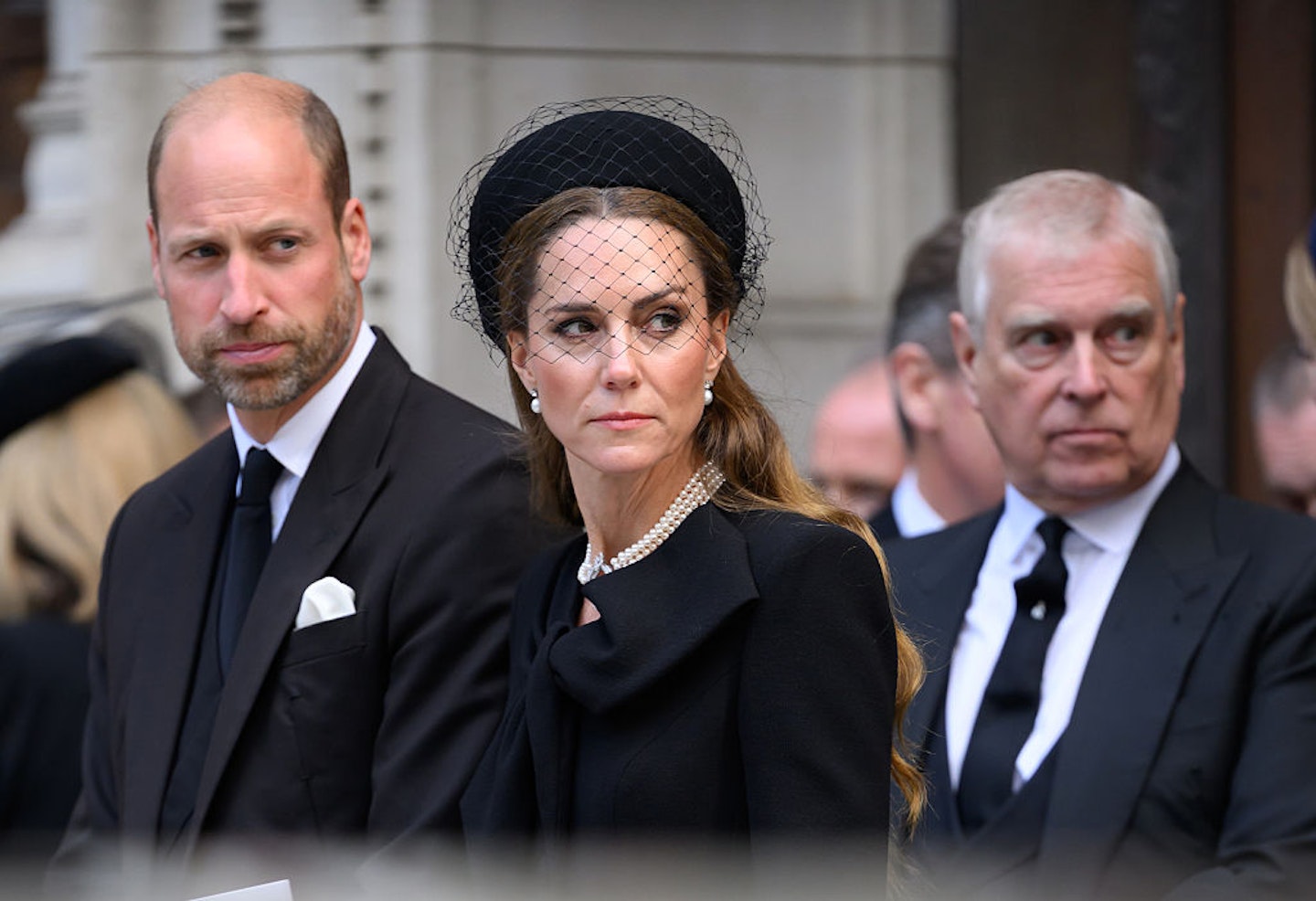 Prince William, Prince of Wales, Catherine, Princess of Wales and Prince Andrew, Duke of York depart after the Requiem Mass service for the Duchess of Kent at Westminster Cathedral