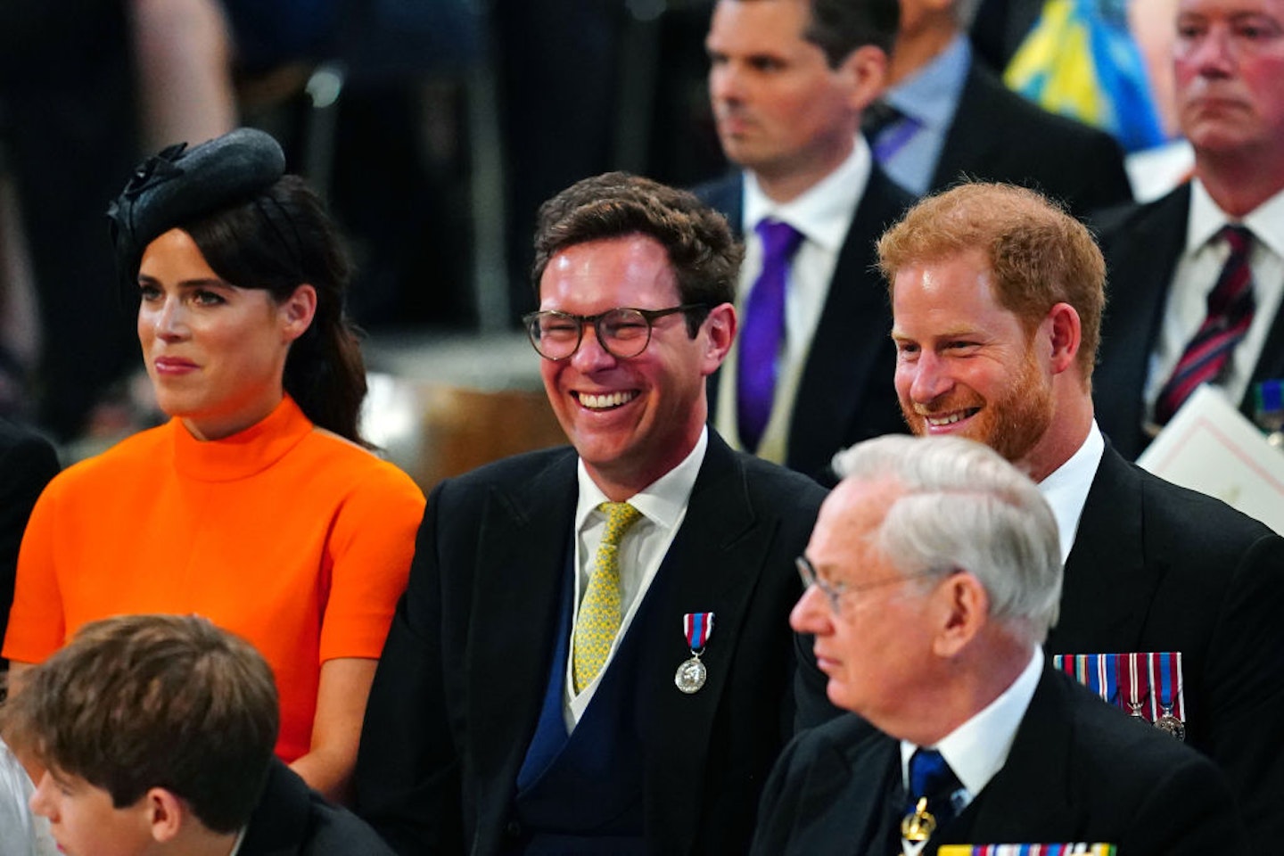 Princess Eugenie, Jack Brooksbank and Prince Harry, Duke of Sussex attend the National Service of Thanksgiving to Celebrate the Platinum Jubilee of Her Majesty The Queen