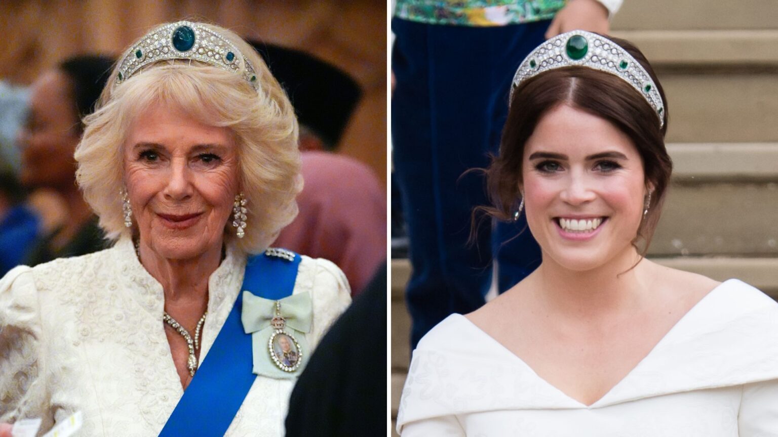 Queen Camilla Eugenie tiara | Woman & Home A composite of two pictures of Queen Camilla and Princess Eugenie wearing the same emerald tiara on separate occasions