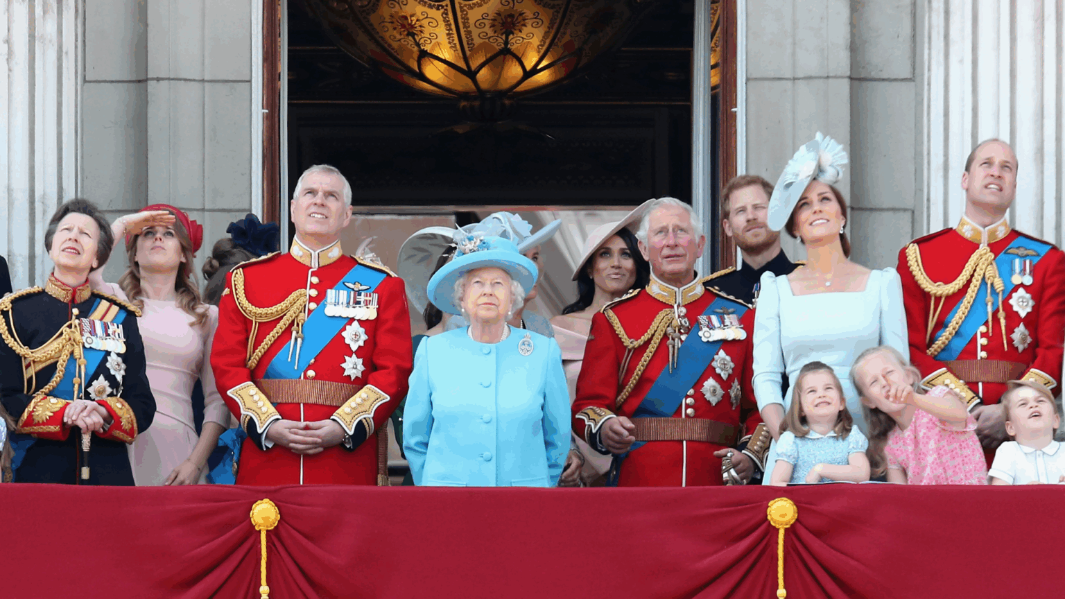 Prince George, Prince Andrew, Queen Elizabeth, King Charles, Princess Kate, Prince William, Princess Charlotte and other members of the royal family on the balcony during Trooping the Colour 2018