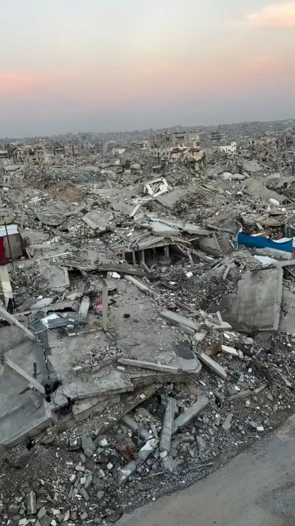 Destruction as far as the eye can see.
Entire residential area in Gaza have turned to rubble in two years of Israeli genocide in Gaza.
